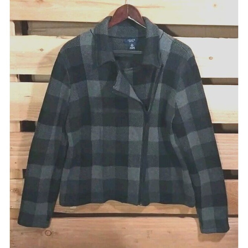Chaps Ralph Lauren Womens XL Side Zip Sweater Jacket Plaid Gray Black Cozy Chic - Picture 2 of 14